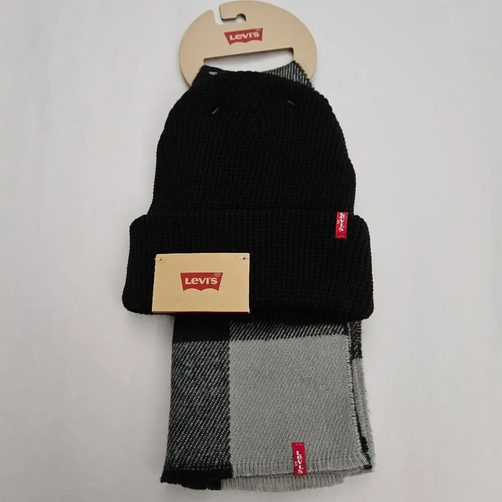 Levi's Beanie and Scarf Outdoor Black Gray Gift Set